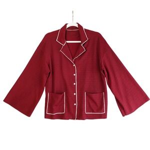 Vintage 70s Shirt Womens M Red Textured Pajama Style Top Stretch Retro Pockets